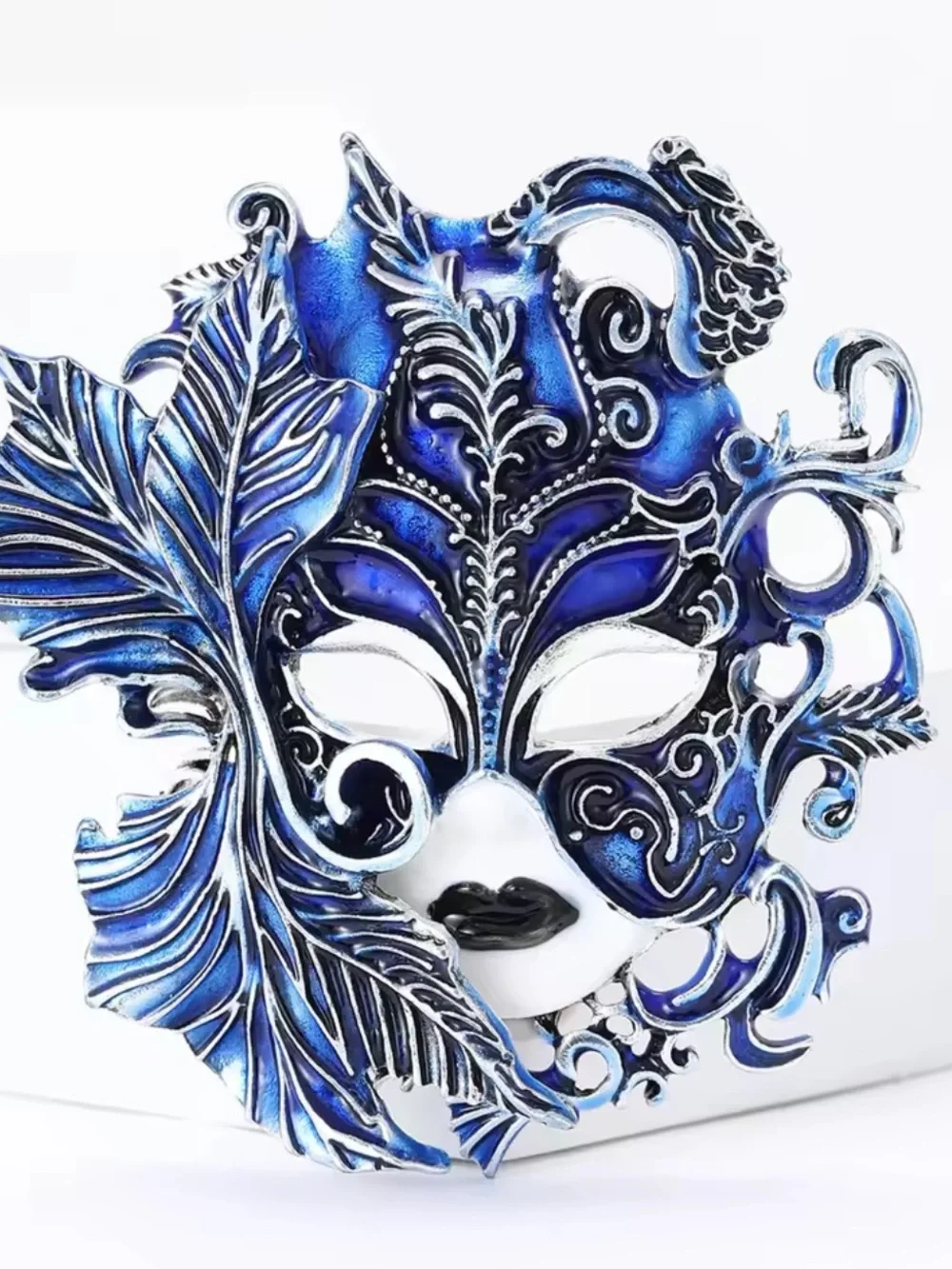 Blue and Silver Decorative Masquerade Mask with Feather Detail